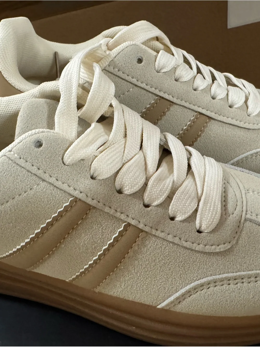 Sugarlips Cream Suede Sneakers with Tan Accent Stripes